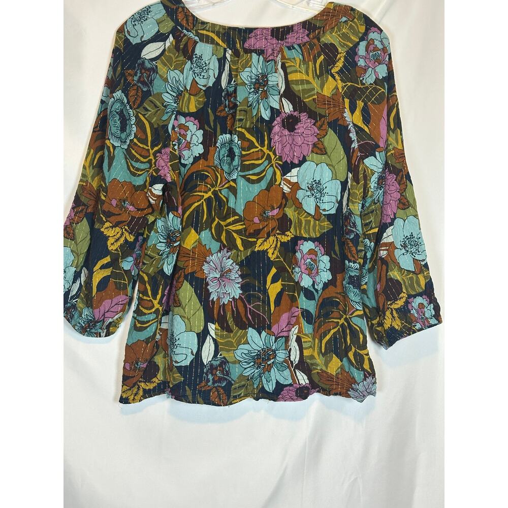 Jane & Delancey Floral Shimmer Pullover Blouse Roll Tab Sleeve Sz M Multi-Color